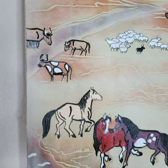 Hand Painted‎ Leather Wall Art Horses Mongolian Landscape Wood Western Carved - Picture 11 of 16